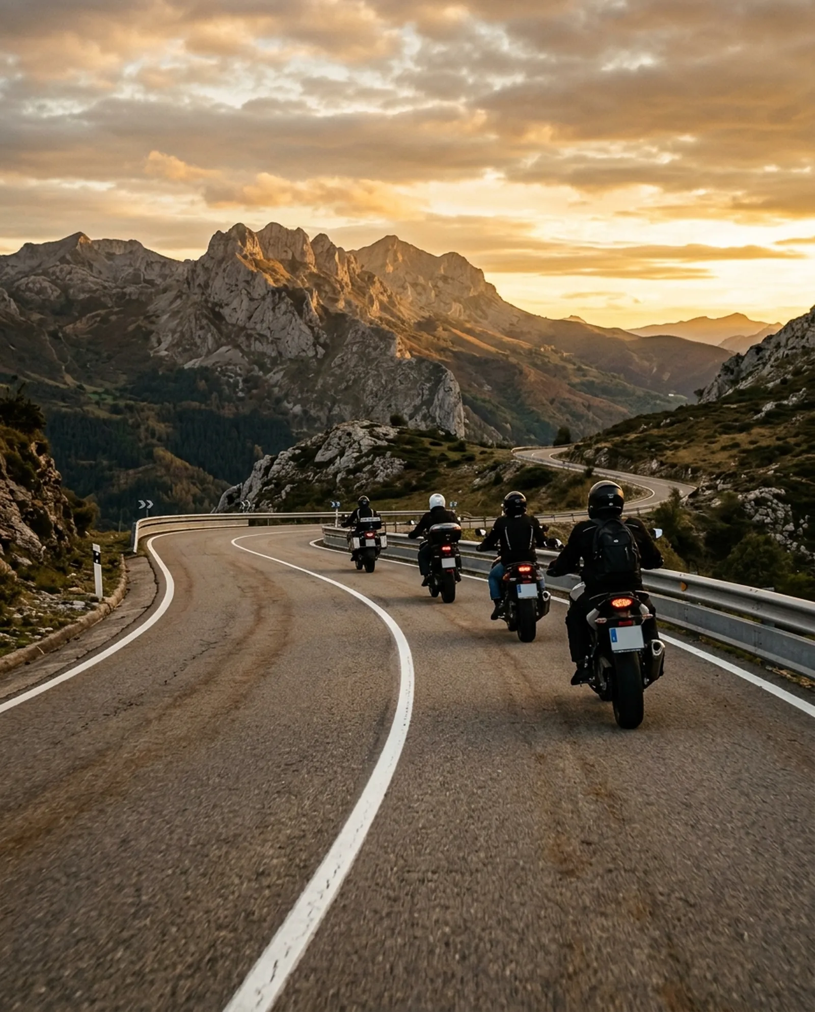 Cuatro moteros en fila por una carretera de montaña al atardecer